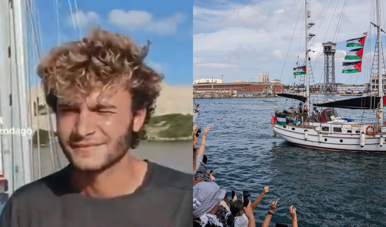 A sinistra Pietro, a destra la partenza della Global Sumud Flotilla da Barcellona
