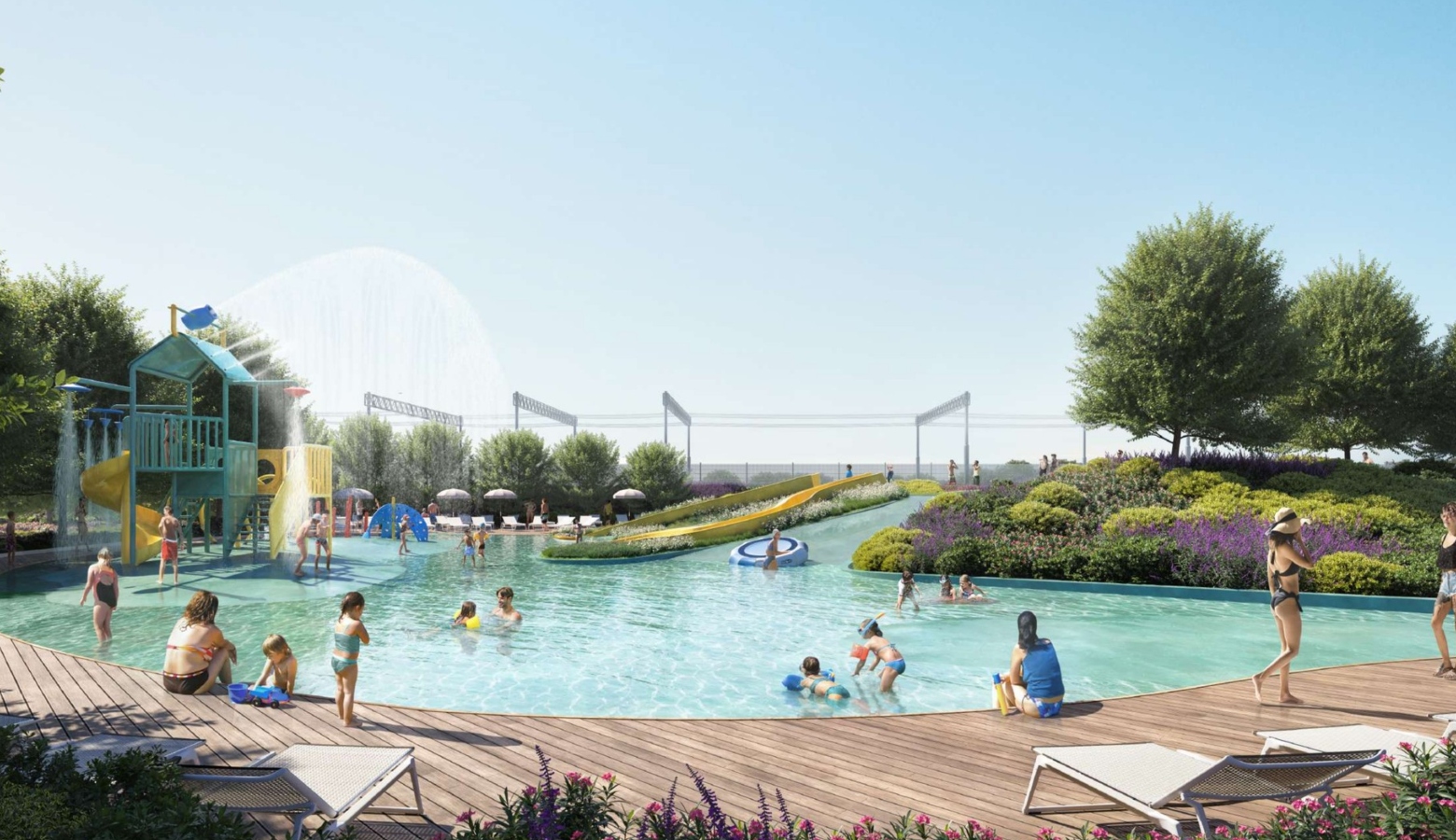Piscina laguna, due castelli, scivoli e altri giochi d'acqua Bambini che giocano in un acquapark