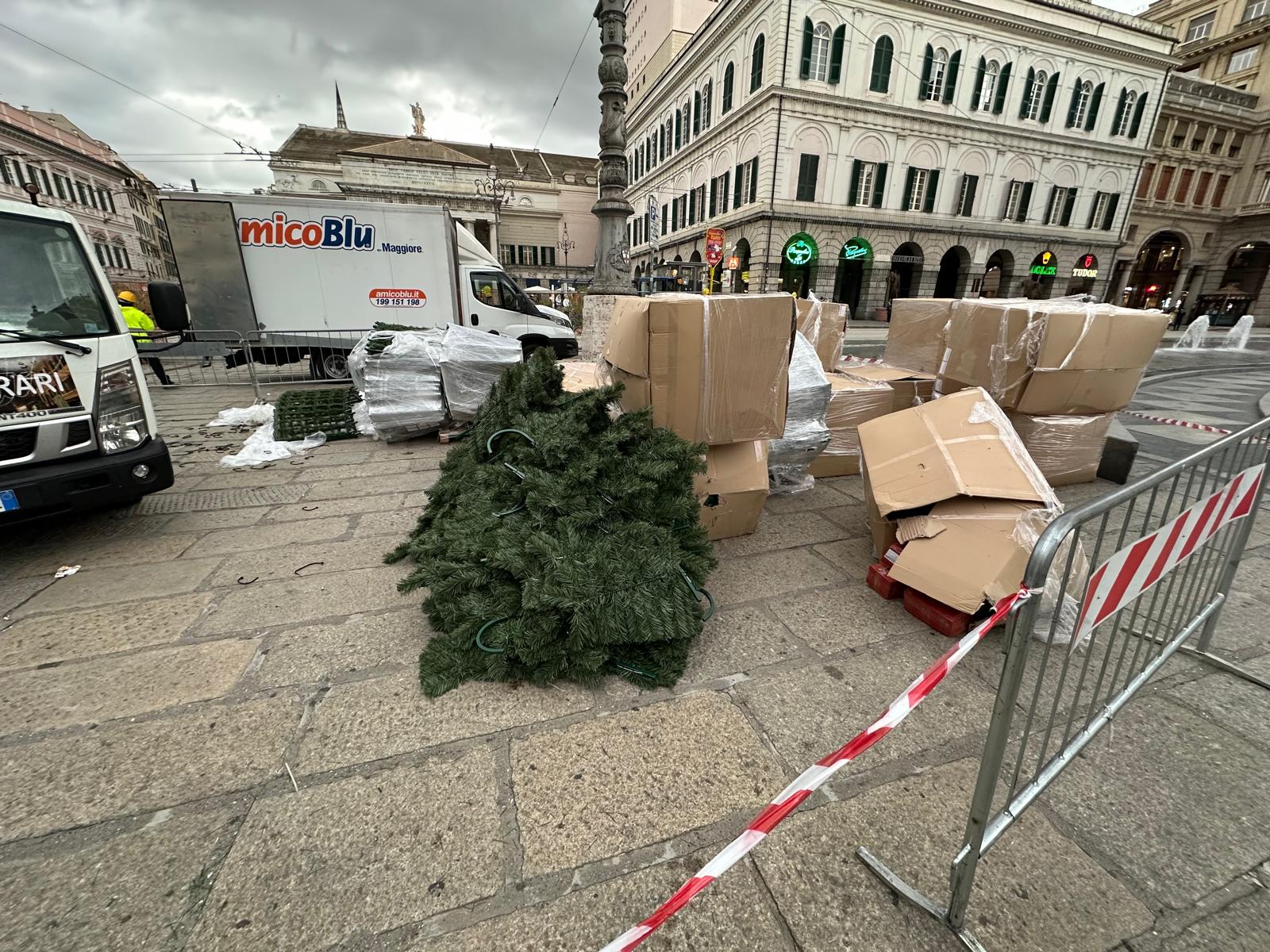In piazza De Ferrari è arrivato il nuovo albero di Natale: sarà finto in 