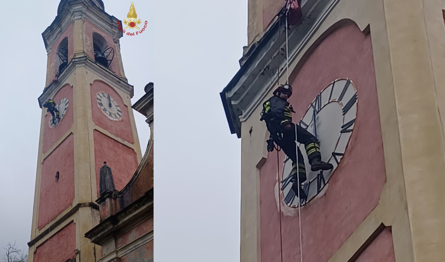 Sesta Godano, cade intonaco dalla chiesa e i pompieri sistemano le lancette dell'orologio