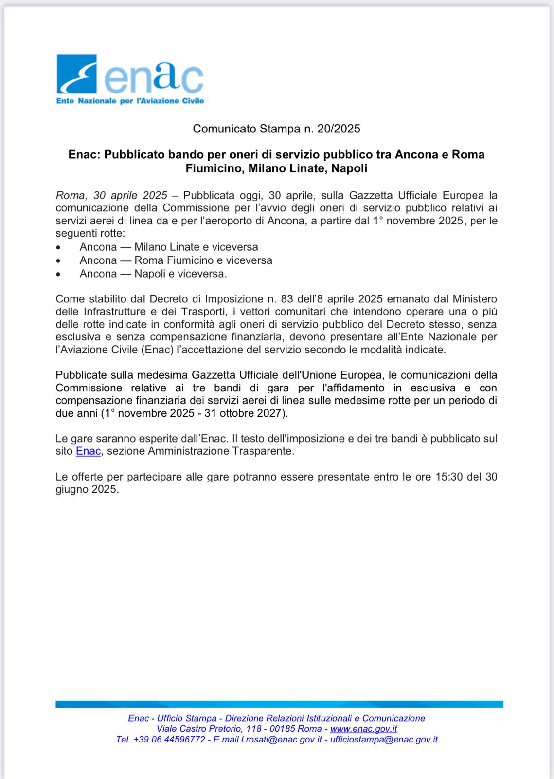 Il comunicato ufficiale di Enac