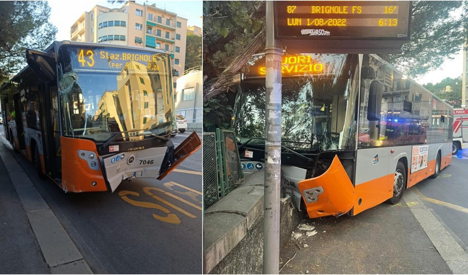 Genova, bus contro muretto in corso Gastaldi: divelto un semaforo