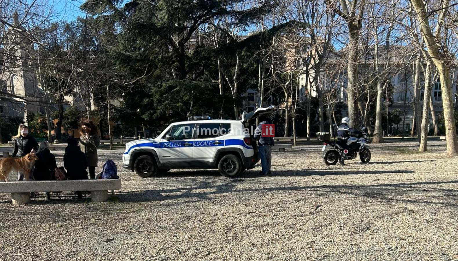 La polizia locale controlla il parco dell'Acquasola Auto della polizia locale in un parco con cani