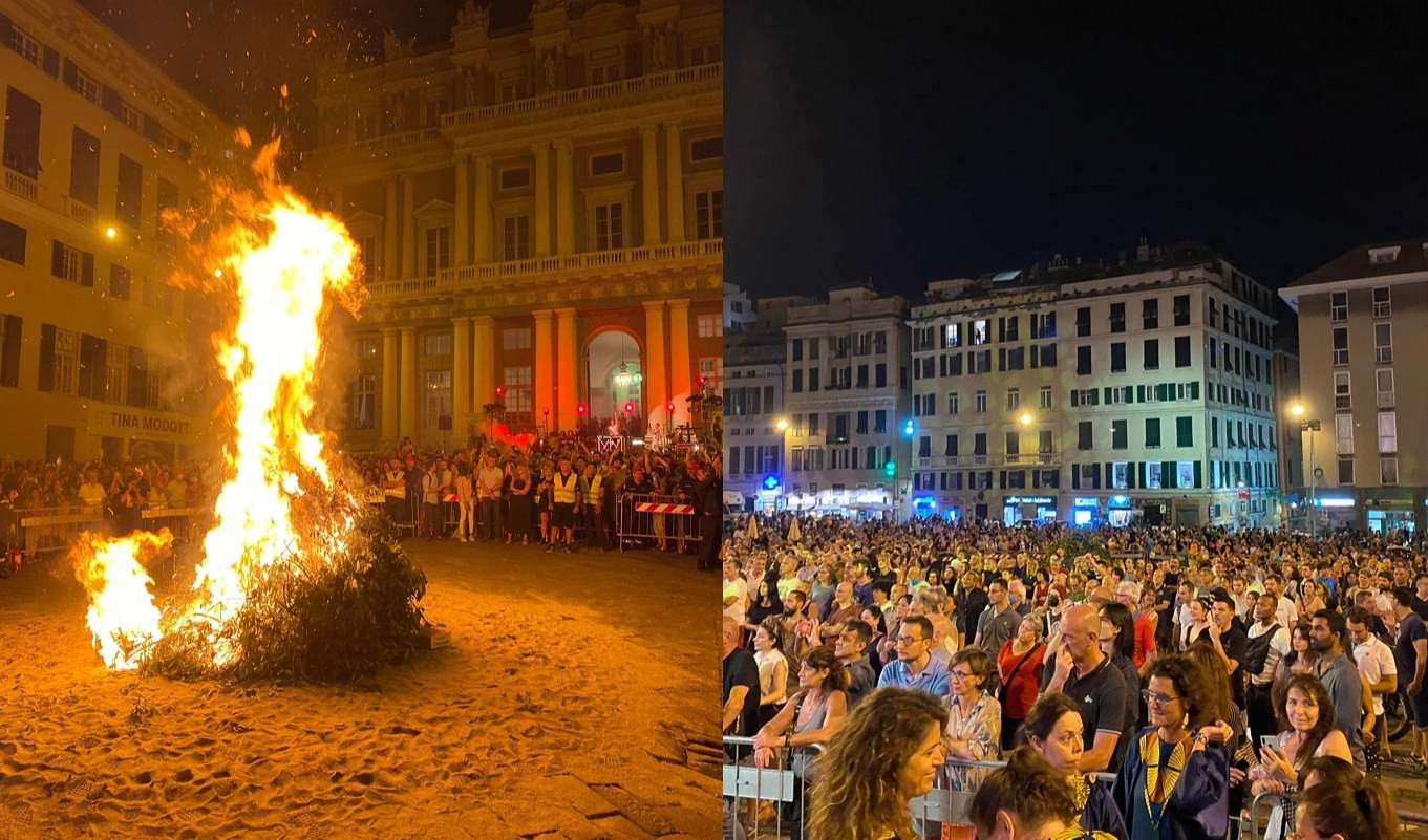 Genova, piazza Matteotti piena per il falò di San Giovanni Battista