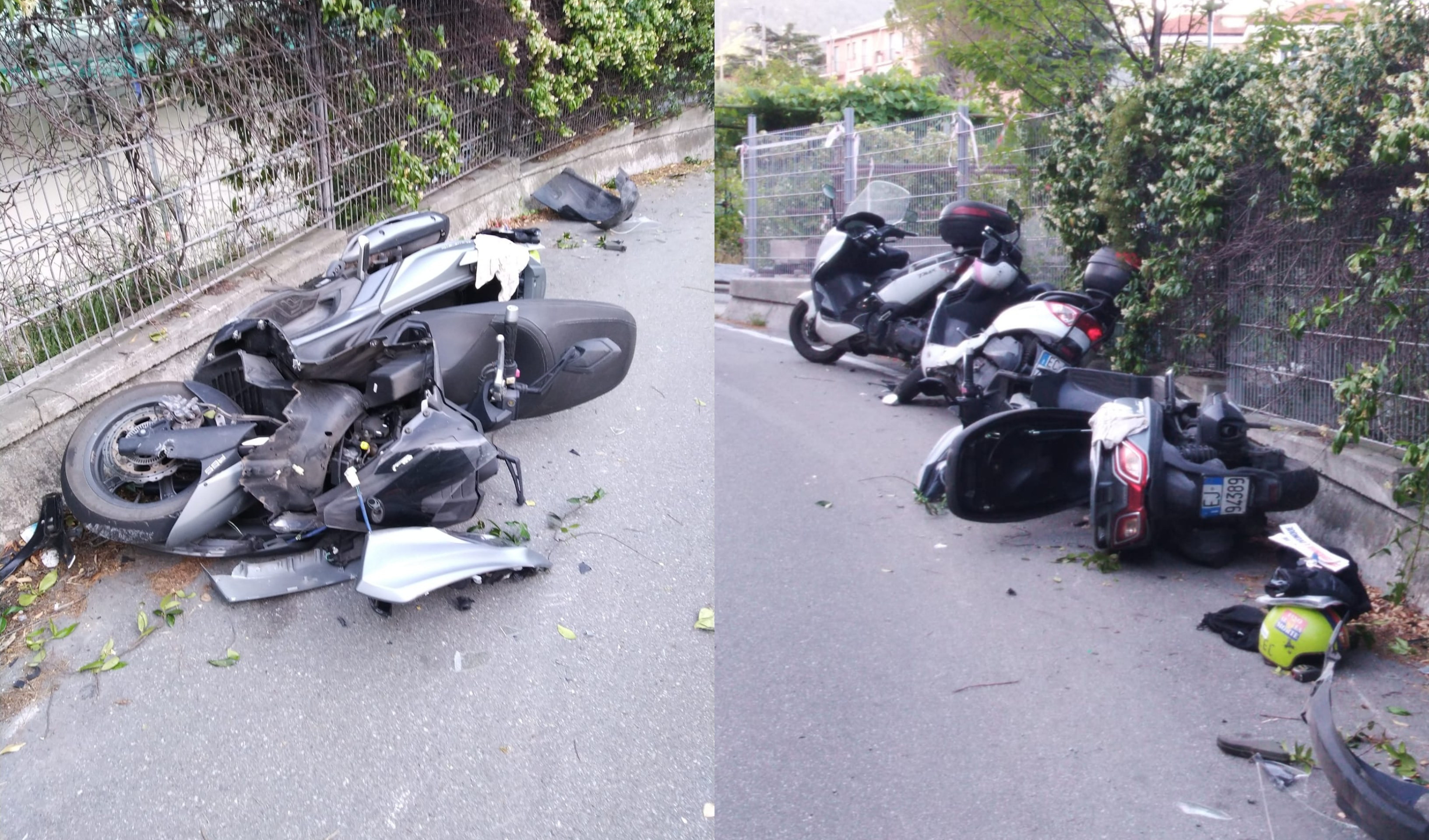 Genova, macchina contro palo della luce e scooter parcheggiati a Molassana: strada chiusa