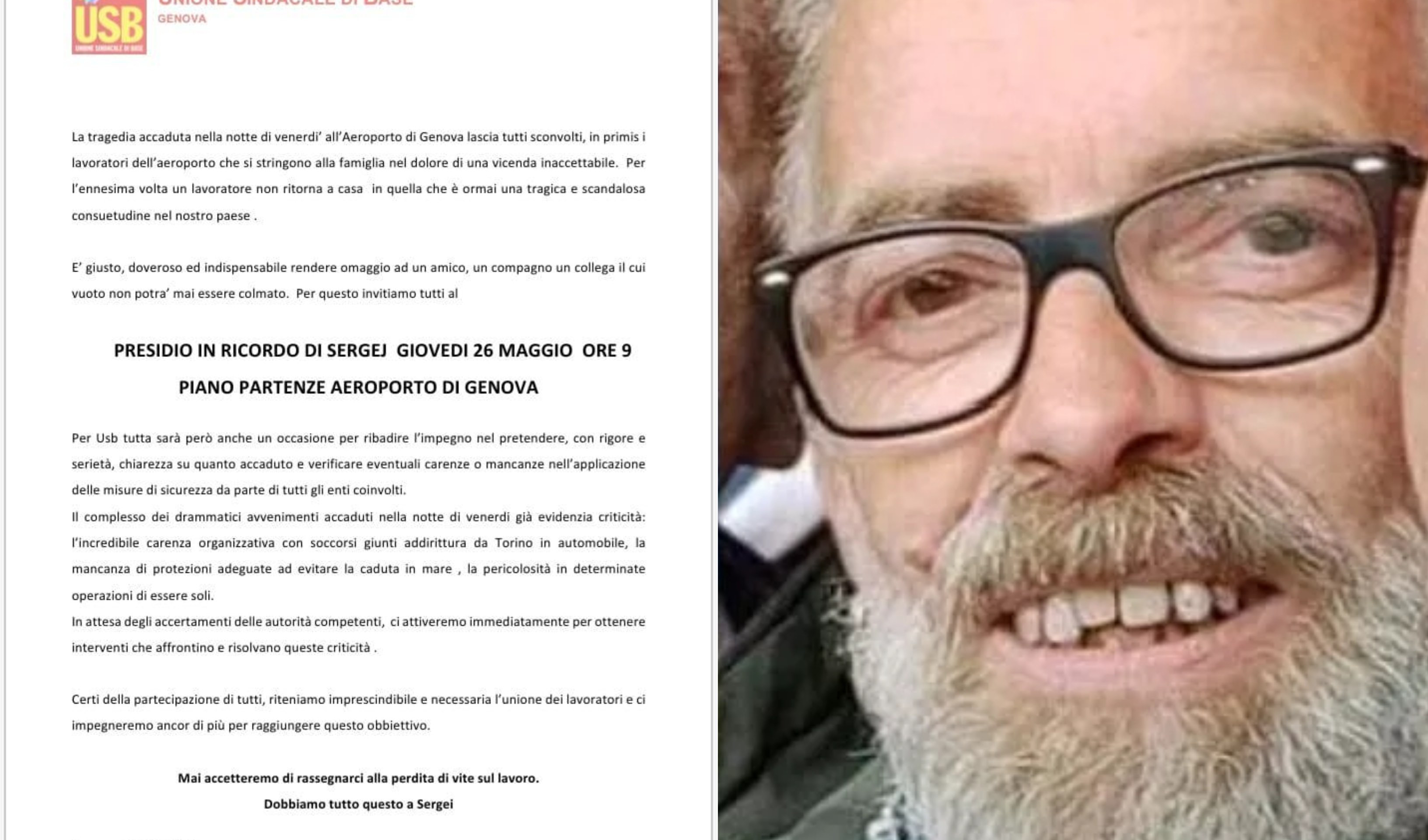 Genova, morto sul lavoro: giovedì un presidio davanti all'aeroporto in ricordo di Sergei 