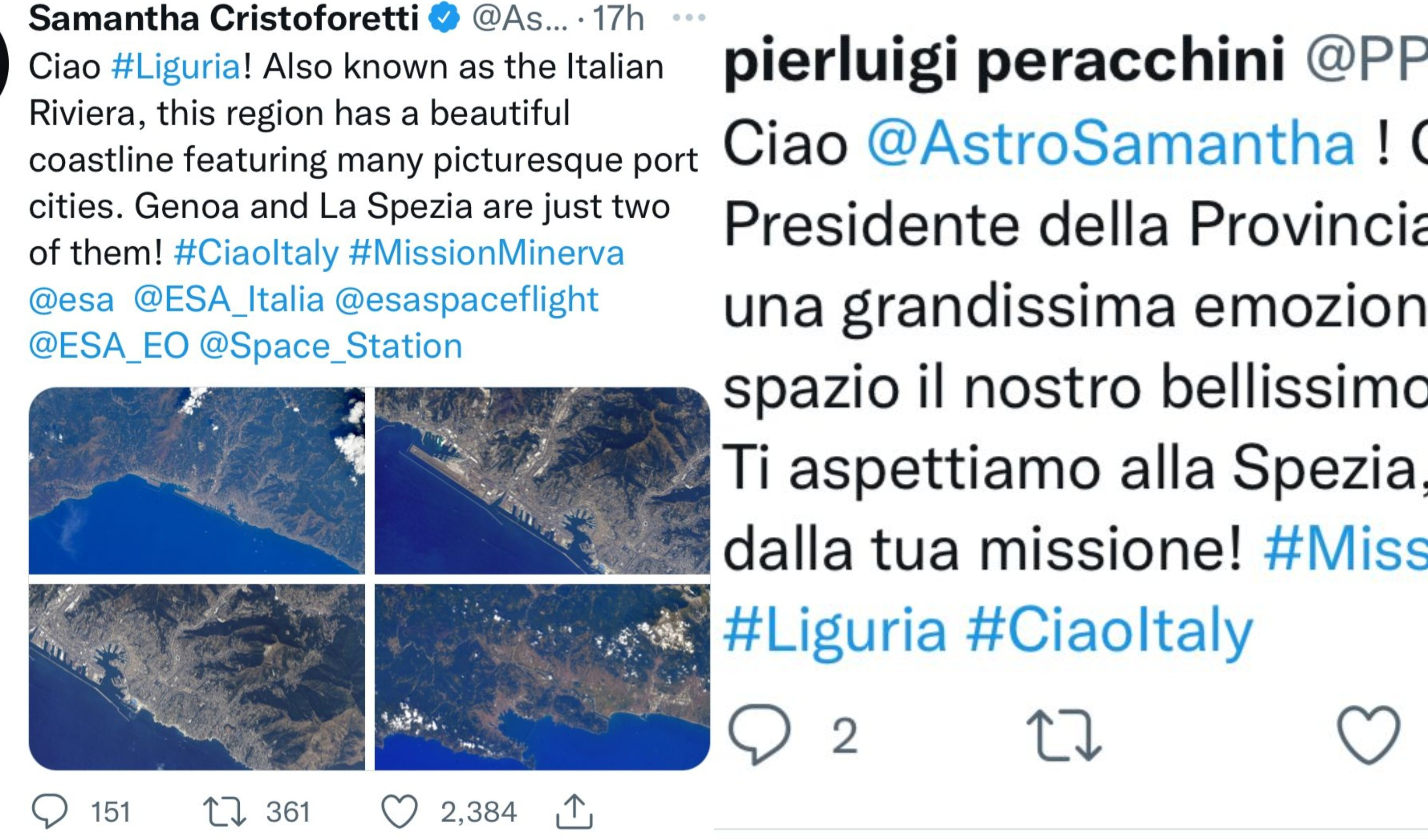 Samantha Cristoforetti saluta la Liguria dallo spazio: il tweet con le foto di Genova e La Spezia