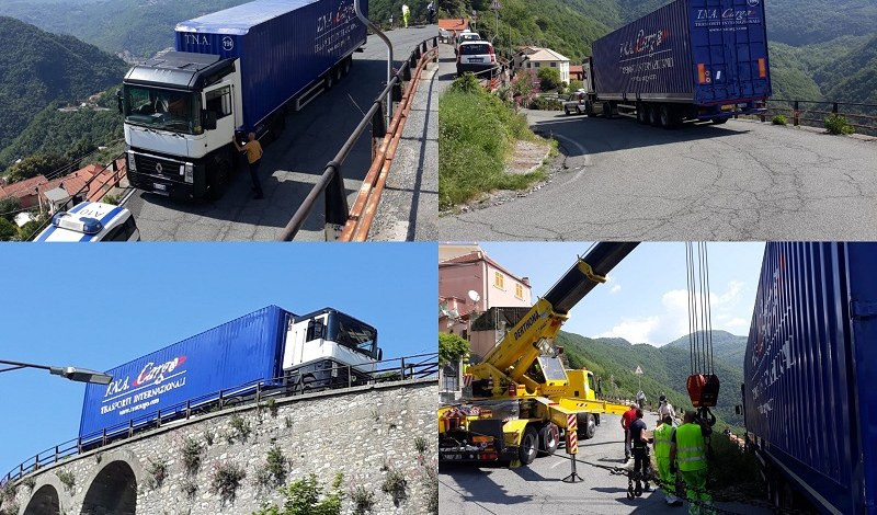 Genova, autoarticolato rimane bloccato fra i tornanti in alta Val Bisagno