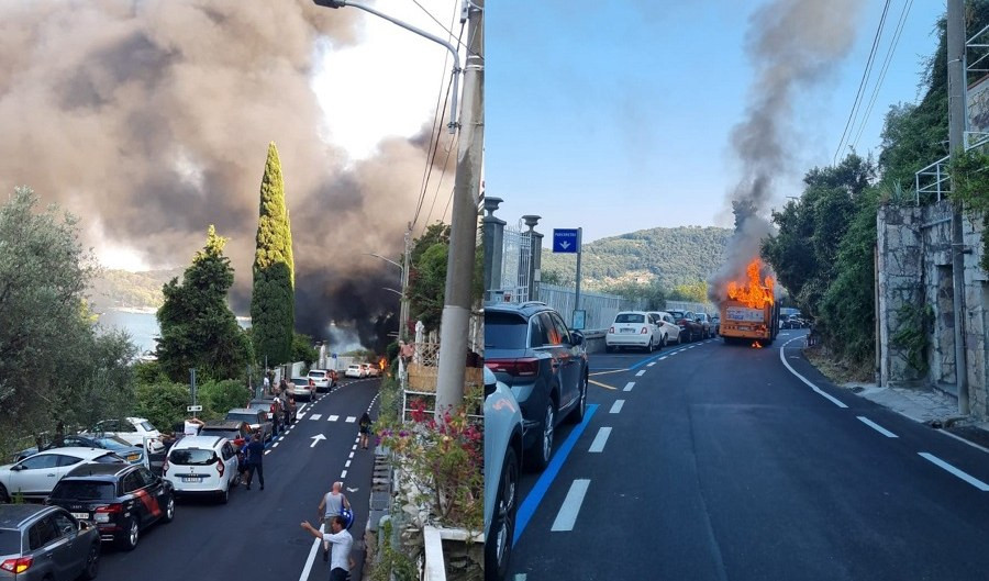 Autobus prende fuoco a Portovenere: danni a macchine e bosco