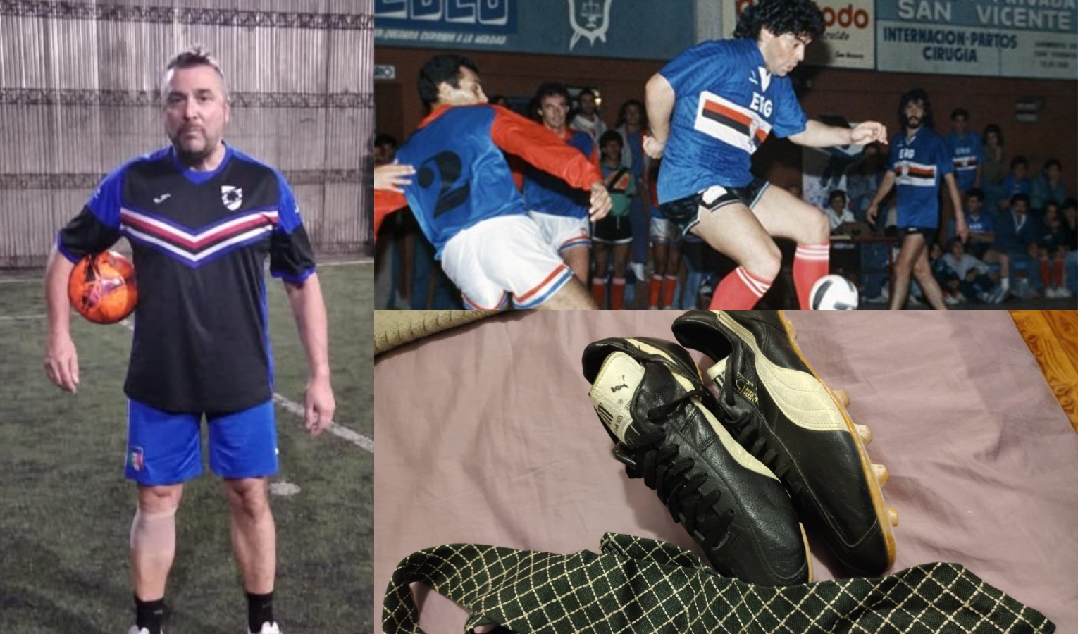 Collage con Roberto Compaire, Diego Armando Maradona e sue scarpette e cravatta