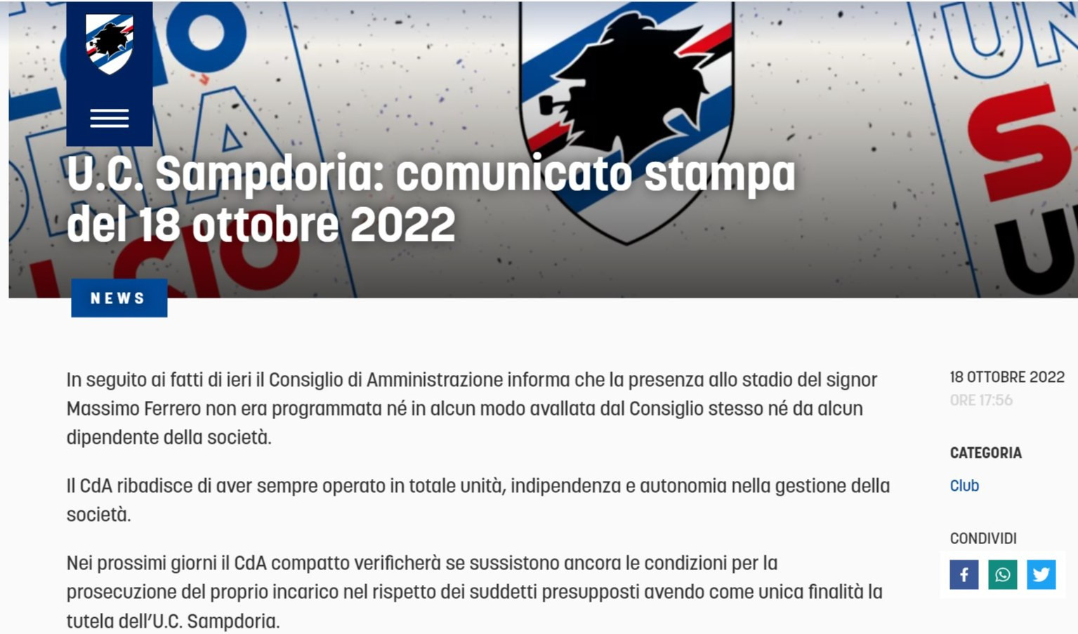 Sampdoria, CdA prende distanze da Ferrero: 