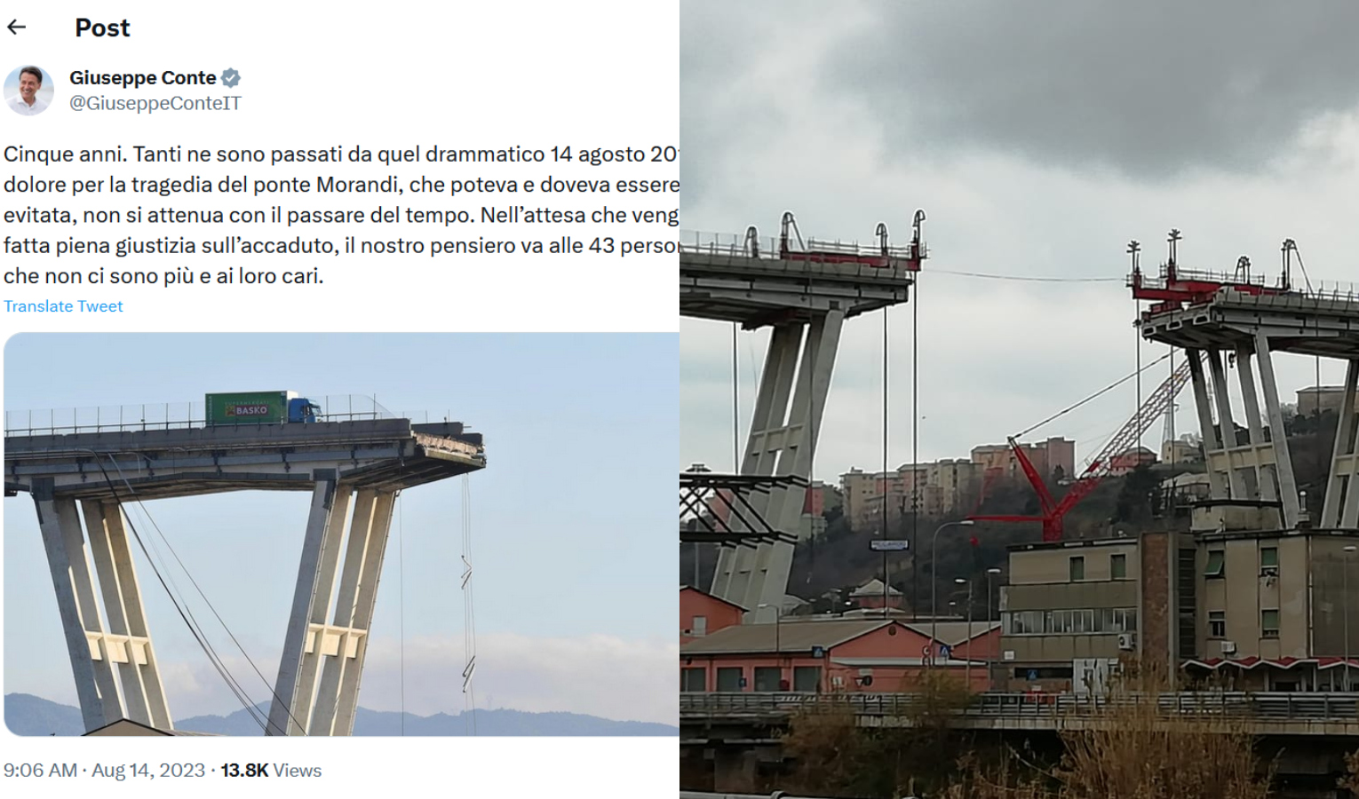 Cinque anni dal crollo di ponte Morandi, le parole dei politici sui social
