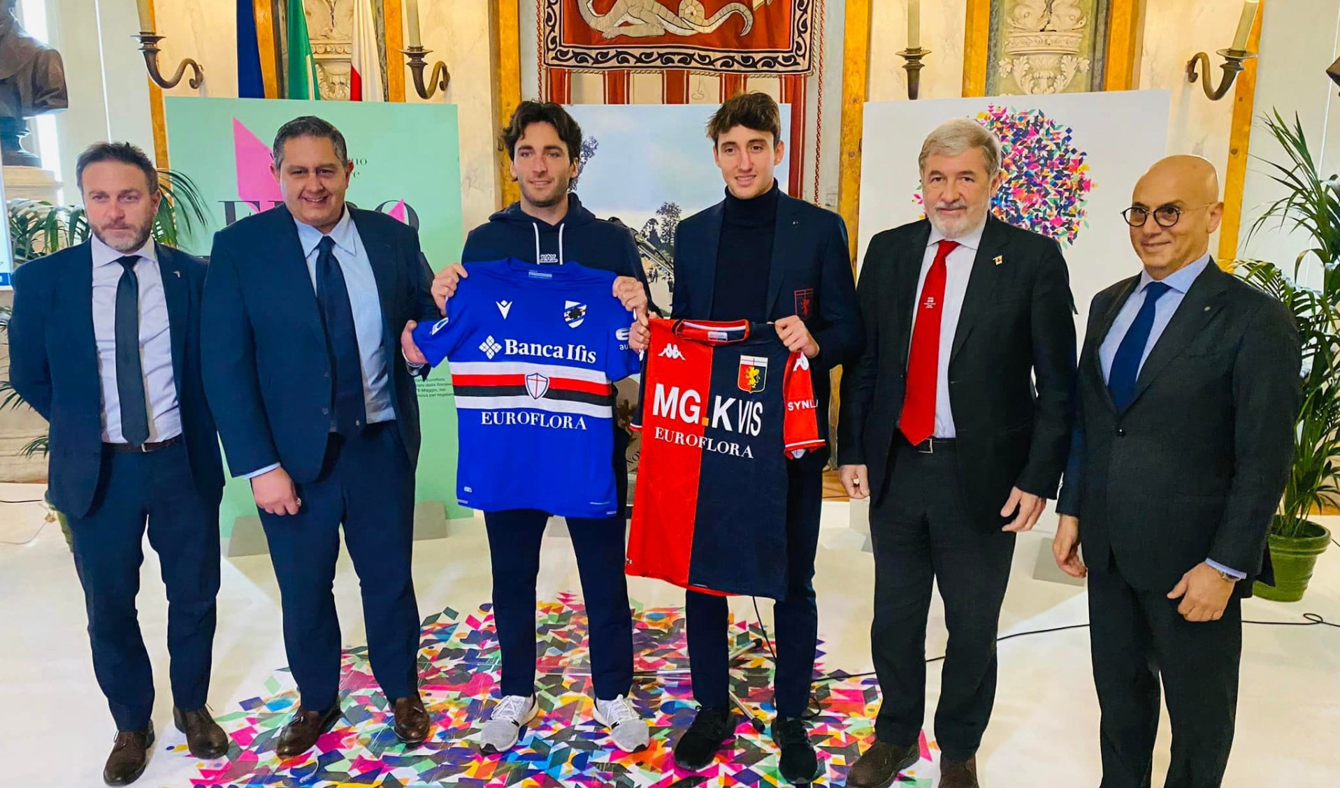 Derby, sulle maglie di Genoa e Samp il logo di Euroflora. E i giocatori visiteranno la kermesse