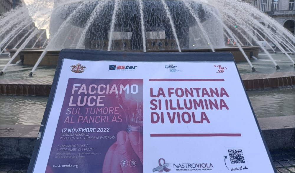 Genova, la fontana di De Ferrari si colora di viola per il tumore al pancreas