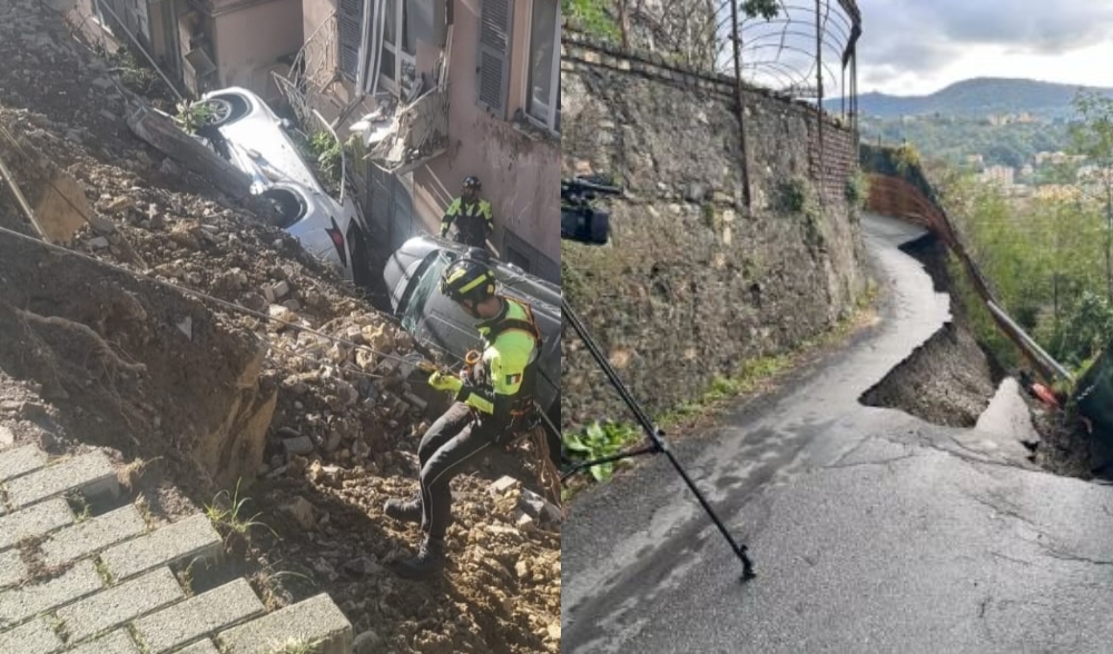 Frane a Genova: in via Cabrini operazioni di recupero dei mezzi. Trasta: tra una settimana la strada alternativa