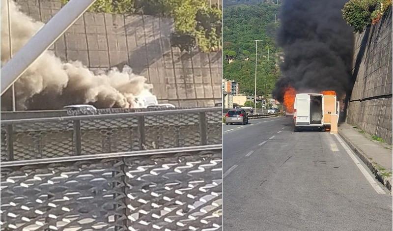 Genova, furgone prende fuoco in via Adamoli: strada chiusa e poi riaperta