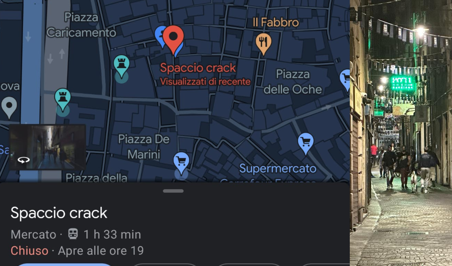 Lo spaccio di crack dei vicoli di via San Luca indicato anche da Google Maps
