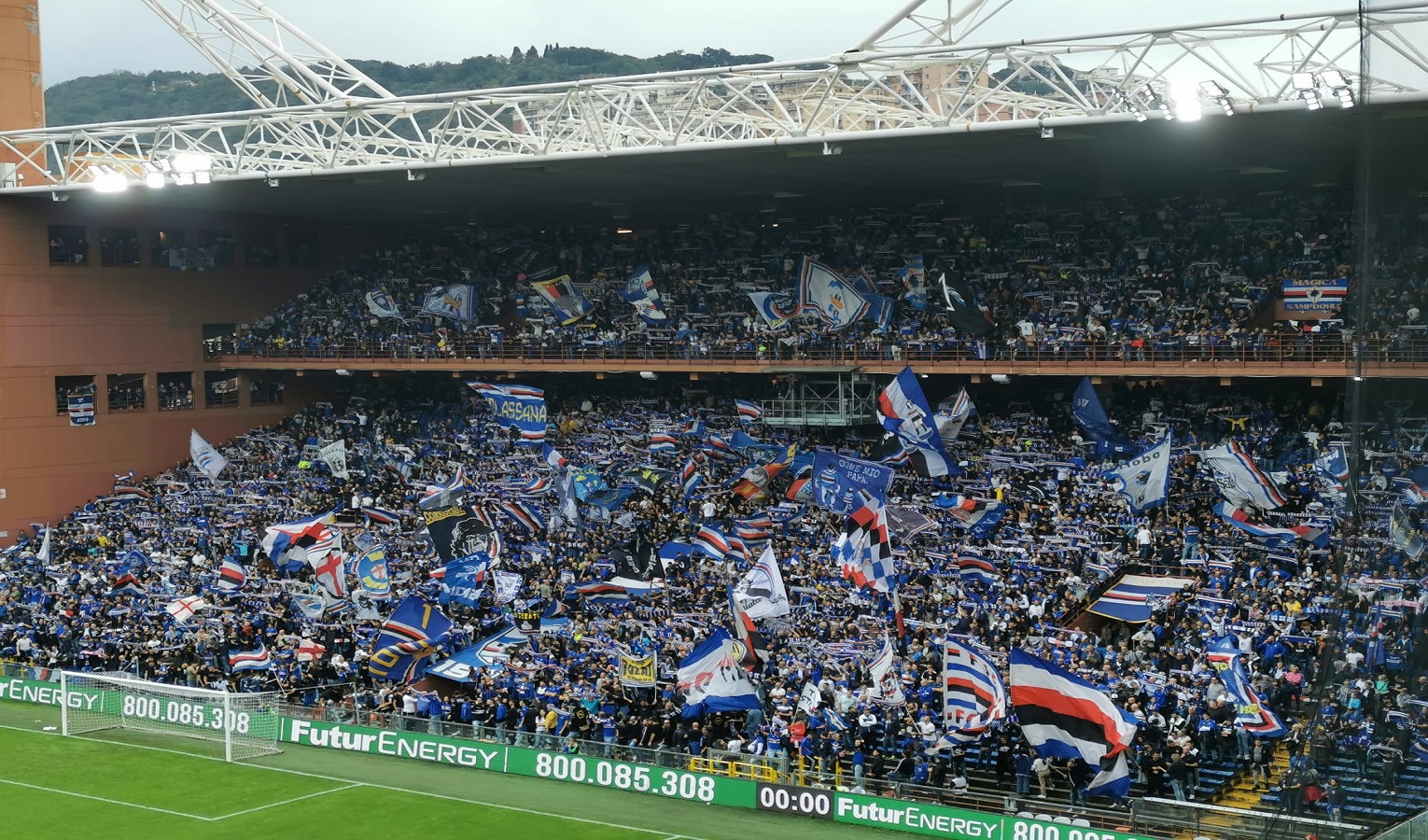 I tifosi e le bandiere della Sampdoria in uno stadio