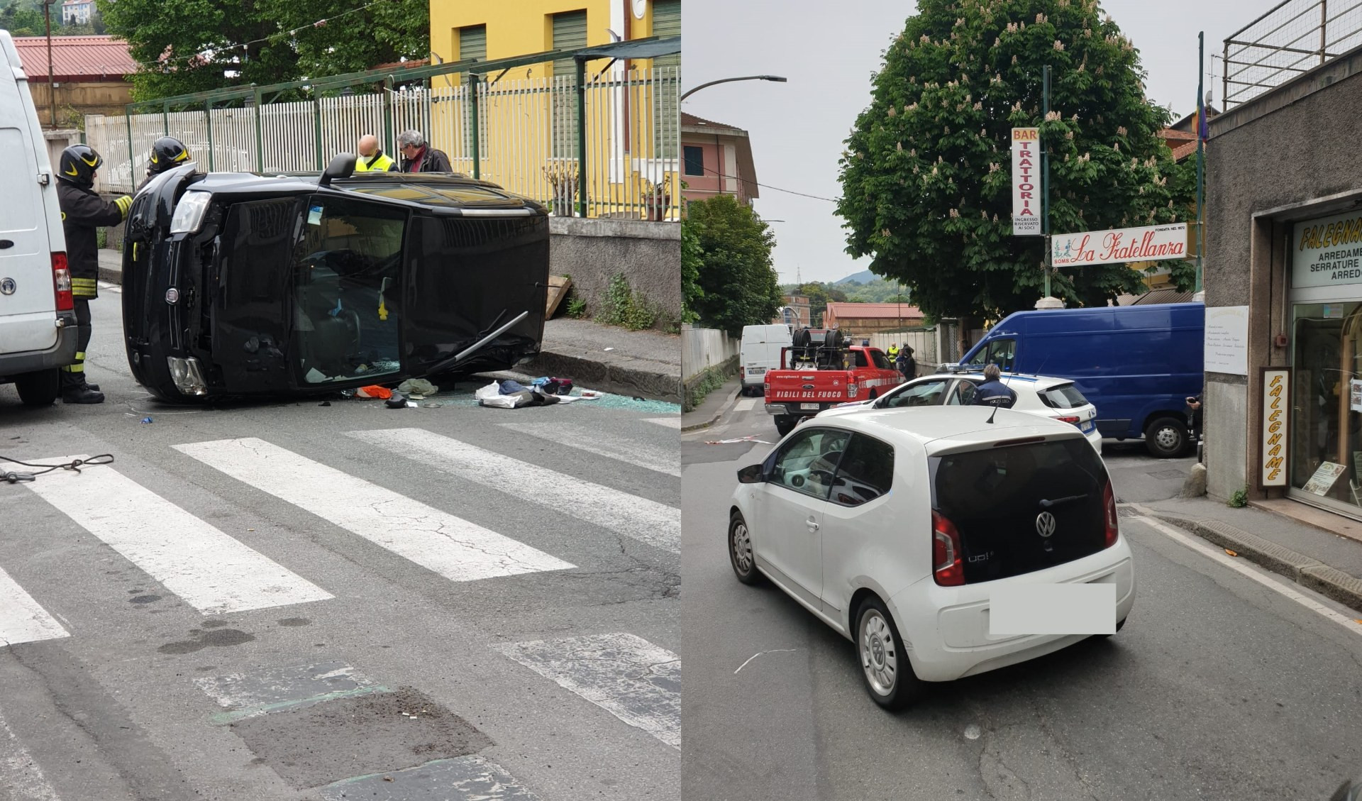 Genova, auto scontra furgone e si cappotta: intervengono i vigili del fuoco