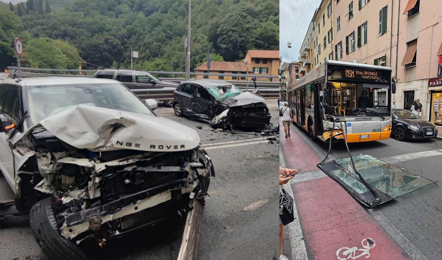 Incidenti a Genova, autobus perde parabrezza e frontale tra due auto e una moto