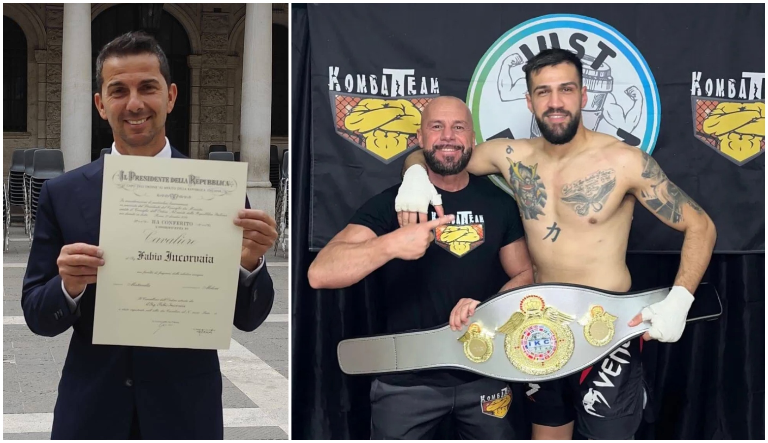 Fabio Incorvaia neo cavaliere al merito della Repubblica e il campione mondiale Giovanni Spanu con l'allenatore Collage foto di Fabio Incorvaia e Giovanni Spanu