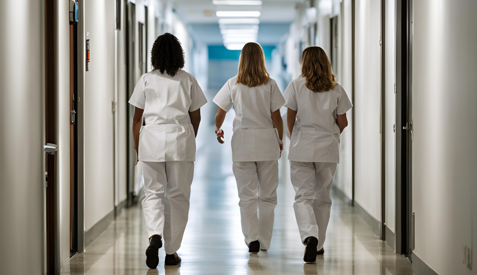 Tre infermiere in corridoio di schiena