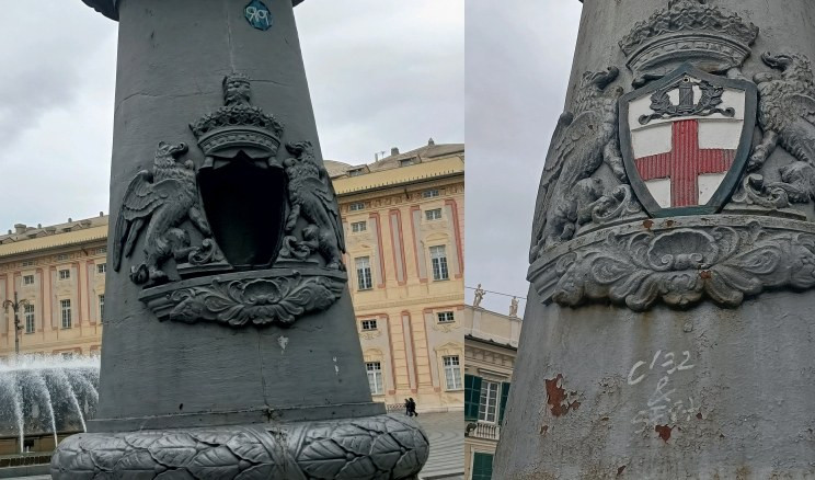 Genova, spariti i fregi della croce di San Giorgio da un lampione di De Ferrari
