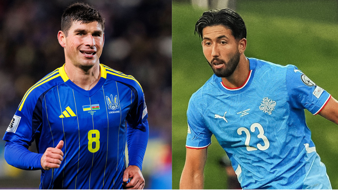 Malinosvkyi con la maglia dell'Ucraina ed Ellertsson in versione Islanda