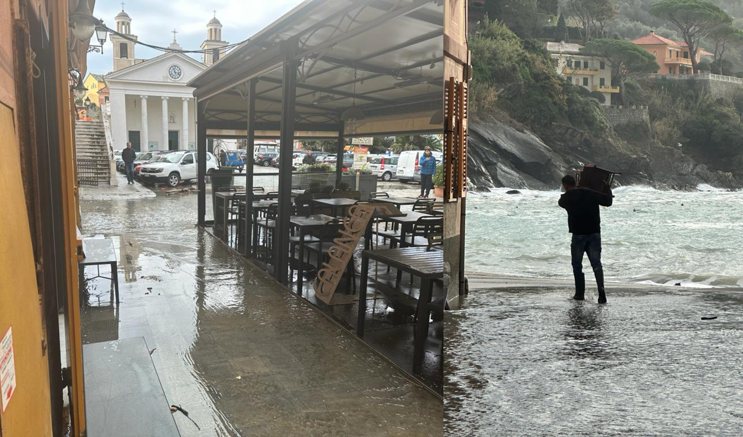 Mareggiata in Liguria, onde di libeccio: allagamenti in centro a Sestri Levante