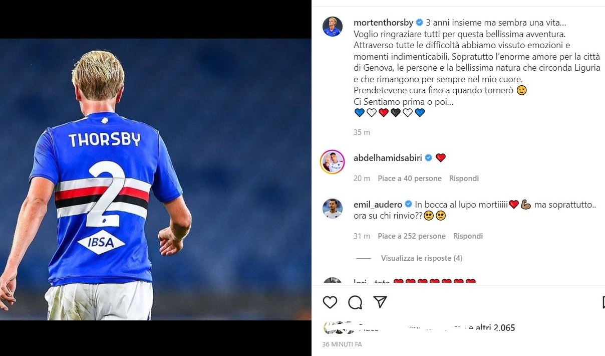 Sampdoria, Thorsby ai tifosi: 