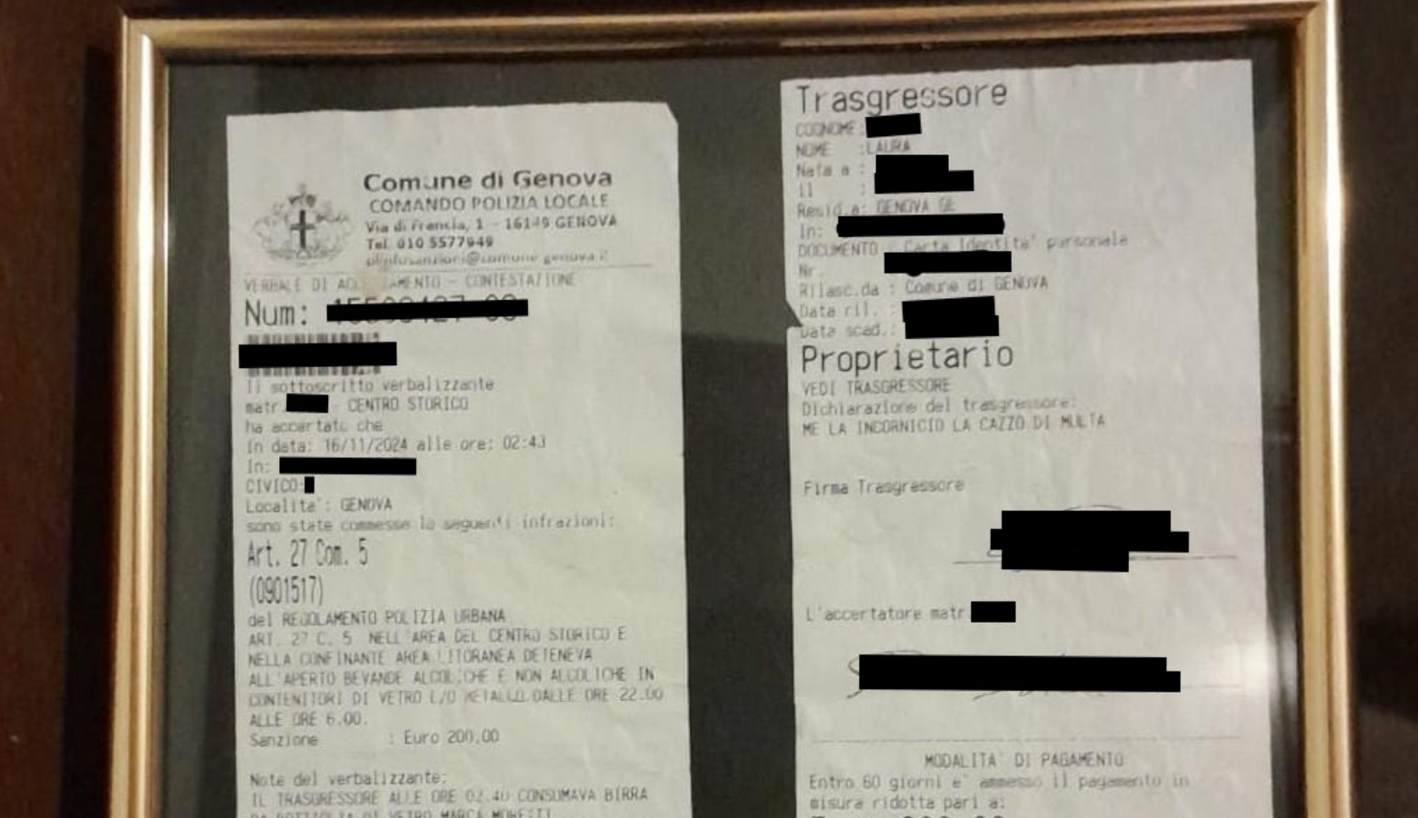Multata per una birra incornicia il verbale e lancia una raccolta fondi