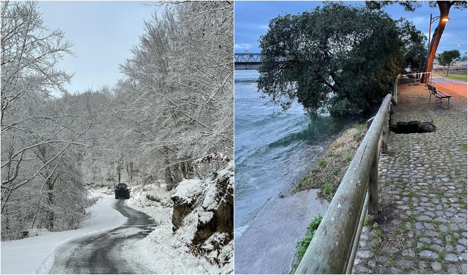 Neve nell'entroterra e mareggiata sulla costa: danni a Chiavari e Ventimiglia