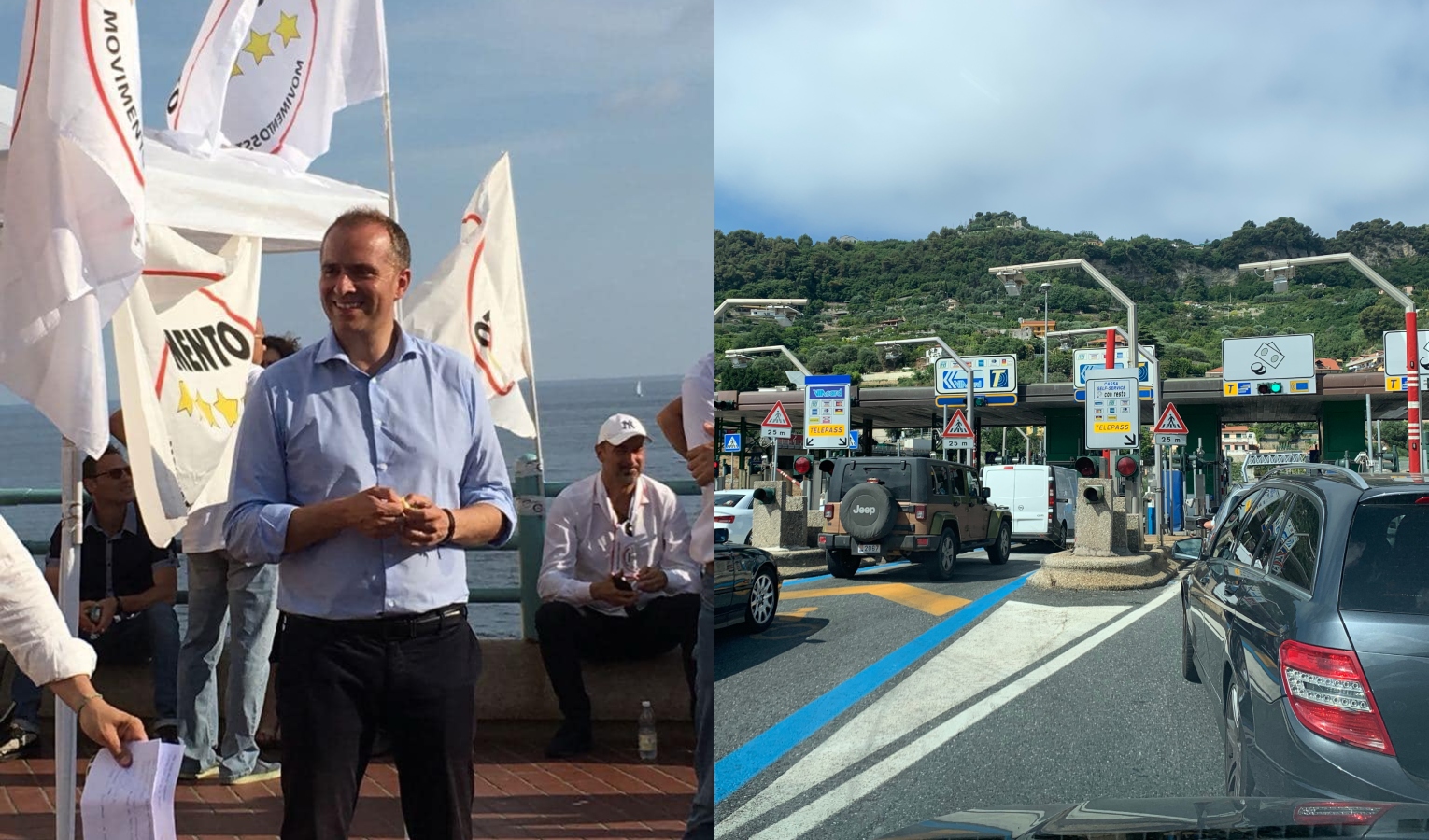 Il senatore del Movimento Cinque Stelle Luca Pirondini Un uomo in camicia azzurra davanti a delle bandiere e un casello autostradale