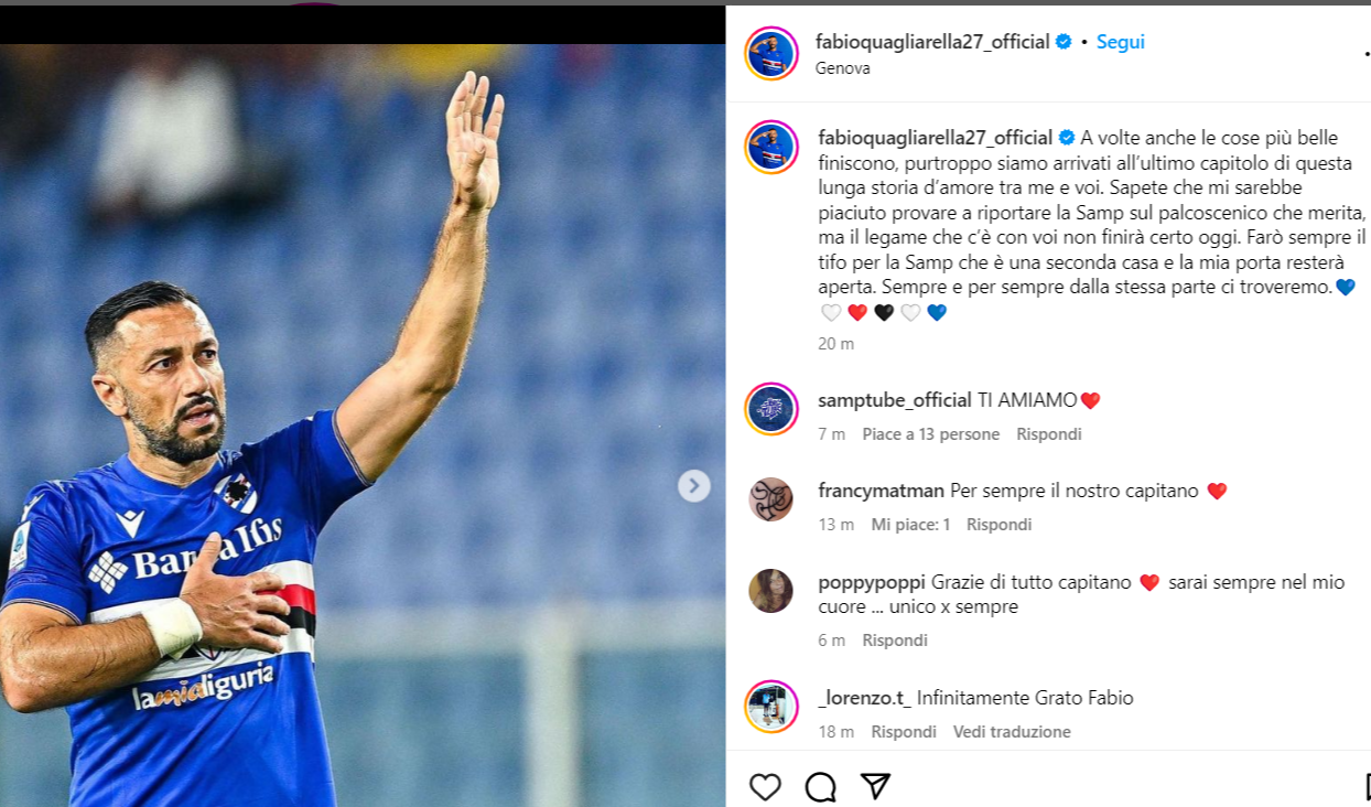 Quagliarella dice addio ai tifosi della Samp: ecco il post