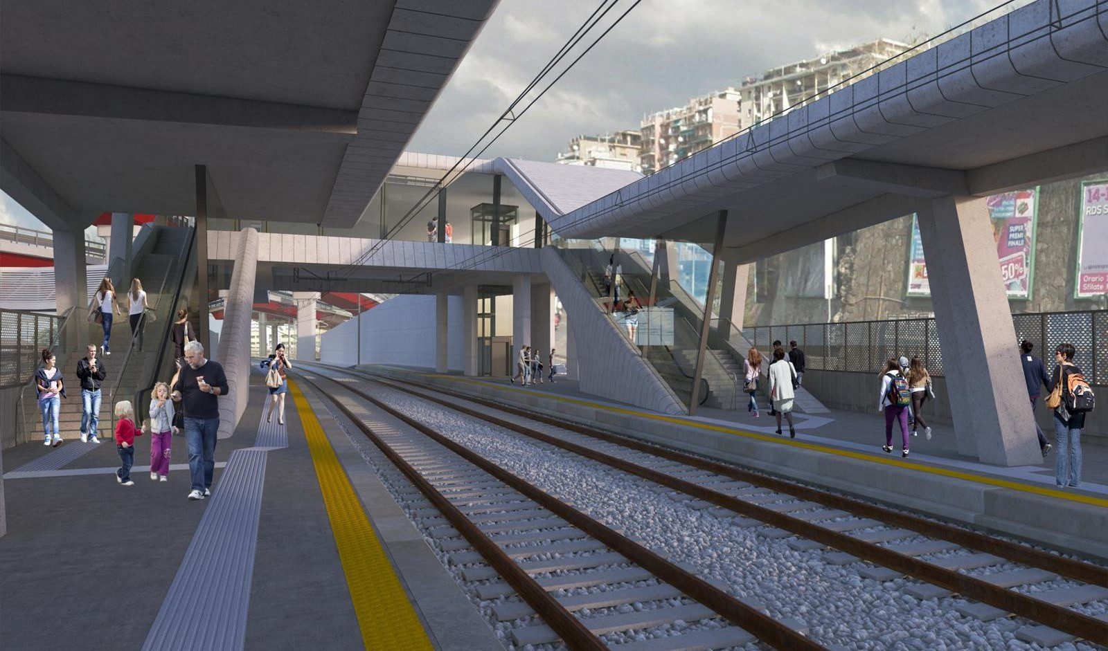 Il rendering della nuova stazione Erzelli - Aeroporto Il disegno di binari del treno e banchine e gente