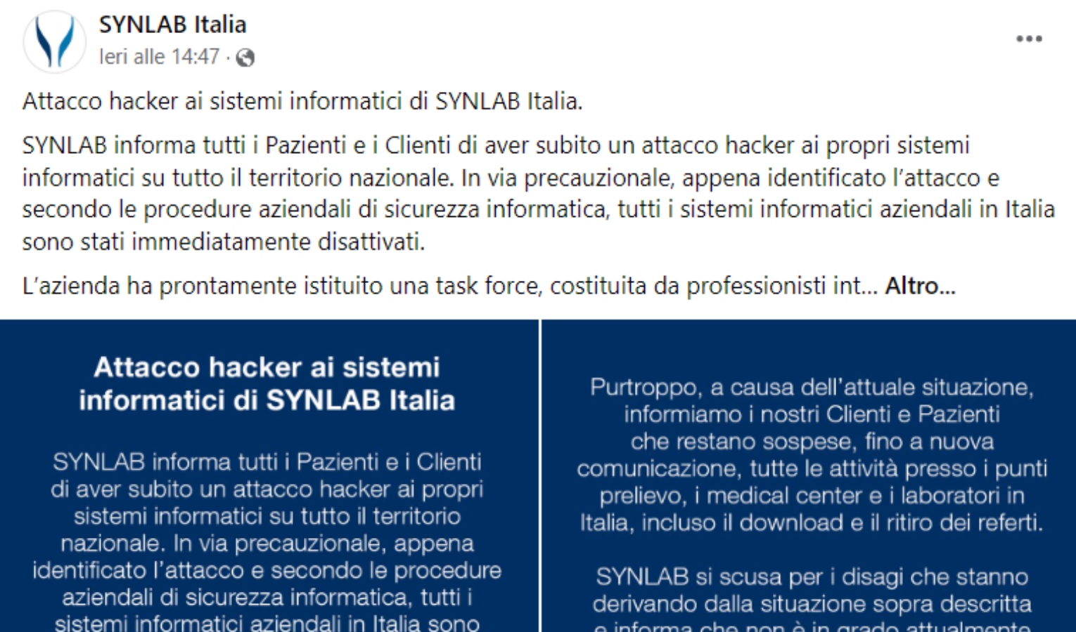 Genova, attacco hacker Synlab: sospesi servizi anche al Baluardo
