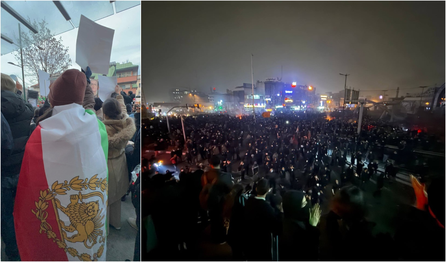 Collage con ragazza iraniana di spalle e proteste in Iran