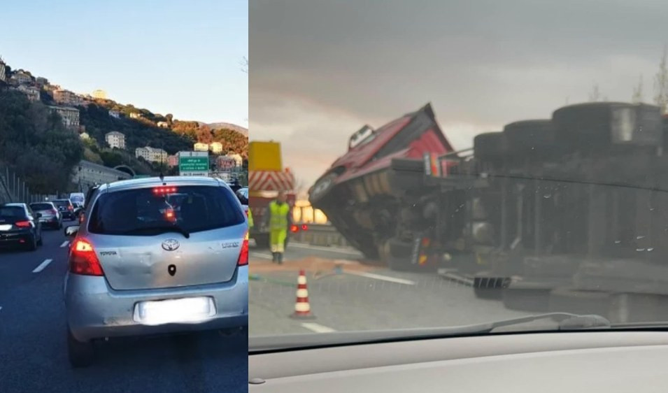 Tir ribaltato in A10 tra Arenzano e Genova: traffico in tilt