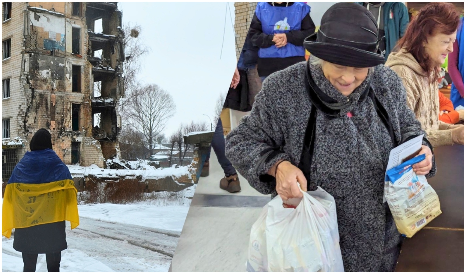 Persona con bandiera ucraina sulla schiena e anziana con aiuti umanitari