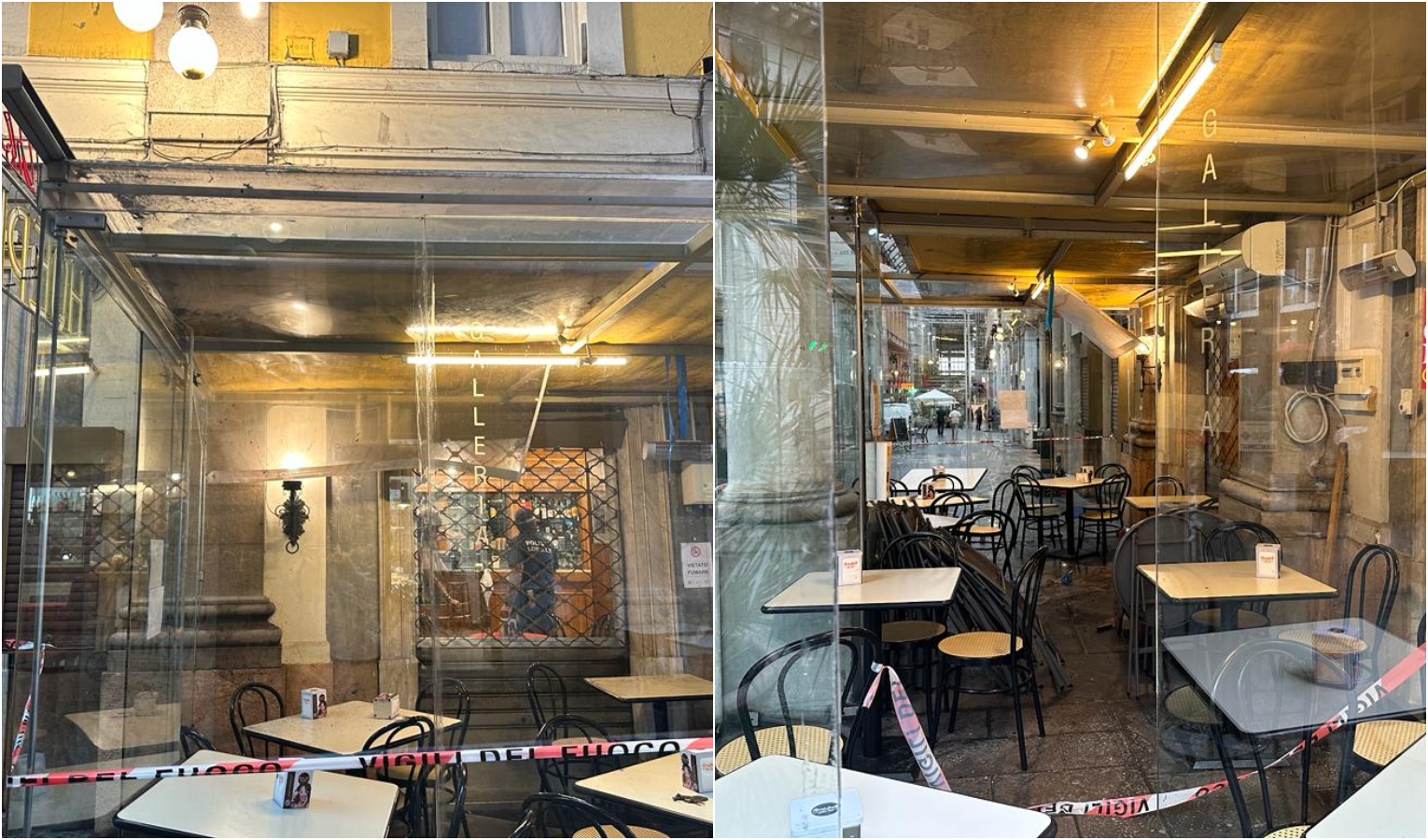 Genova, cascata d'acqua distrugge vetrata di un dehor in galleria Mazzini
