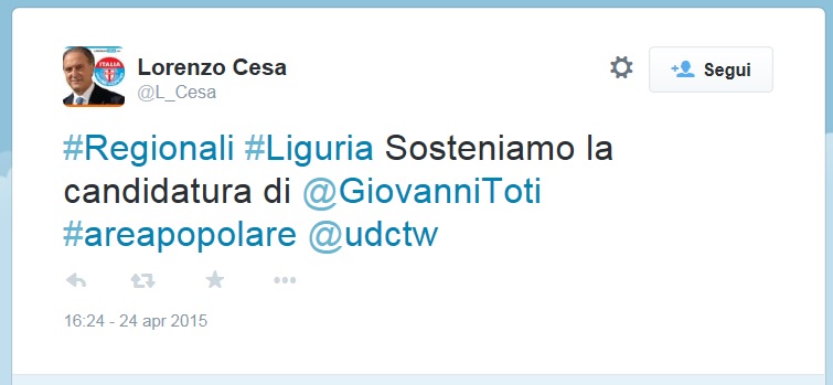 Cesa (Udc) ufficializza: 