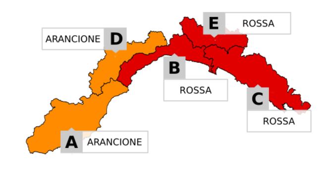 Maltempo in Liguria, Allerta rossa su Centro e Levante dalle 3 alle 24