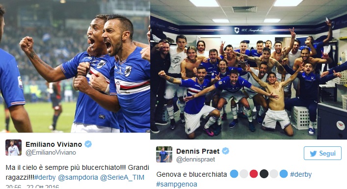 La gioia post derby in casa Sampdoria si scatena sui profili social di Viviano e Praet 