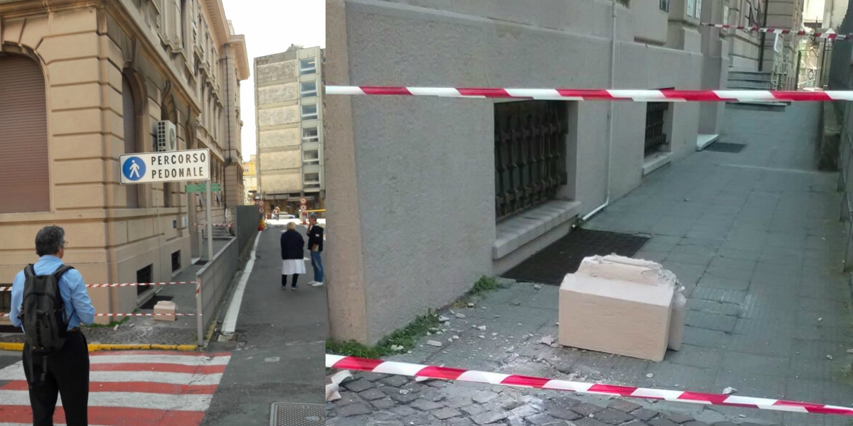 Ospedale San Martino, pietrone precipita in strada all'entrata principale