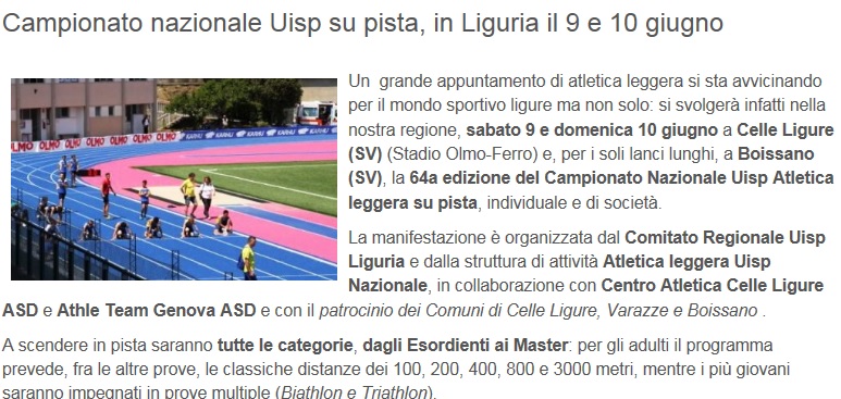 Atletica Uisp, in Liguria il Campionato nazionale su pista
