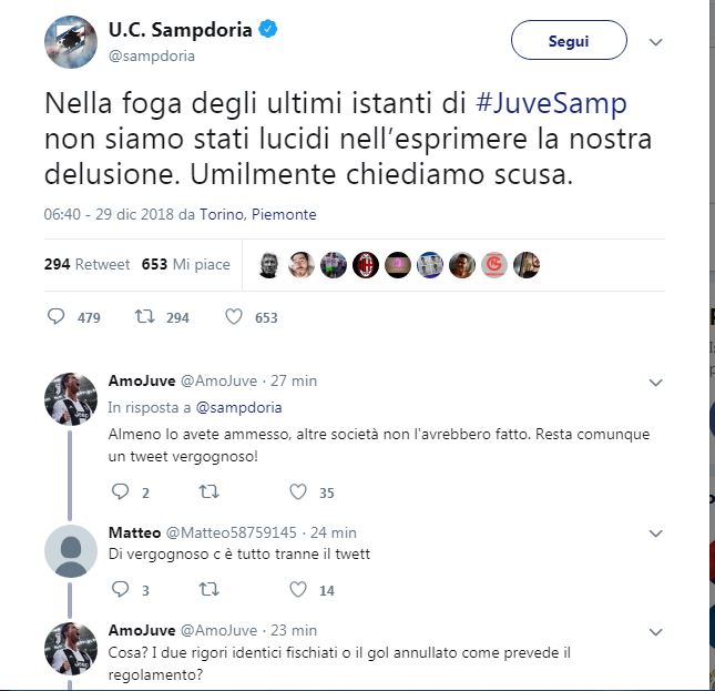 La Sampdoria si sfoga con un tweet, poi chiede 