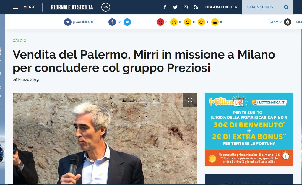 Il Giornale di Sicilia rilancia: Preziosi tra gli acquirenti del Palermo