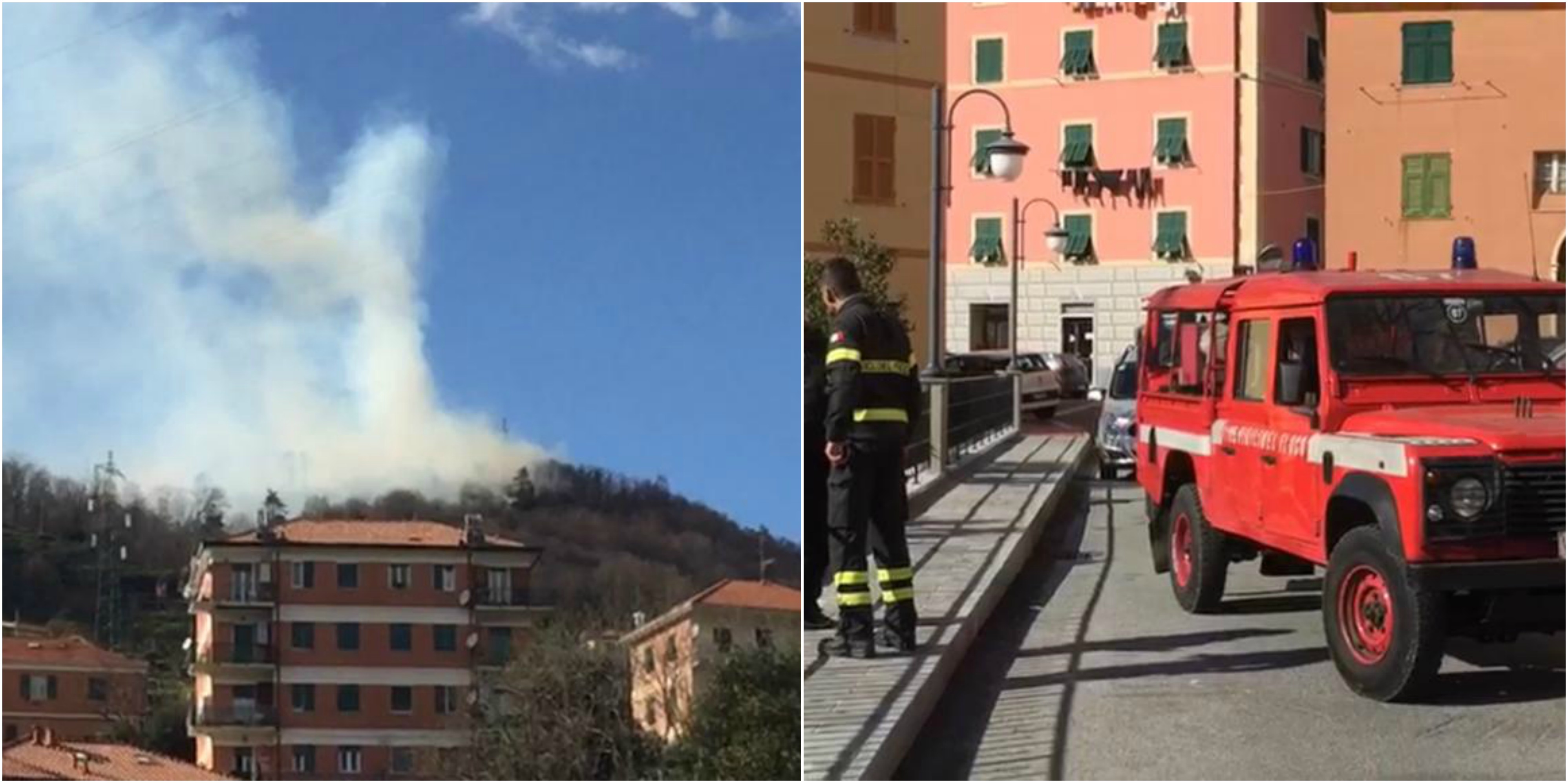 Incendio boschivo a Mele, elicottero e vigili del fuoco al lavoro