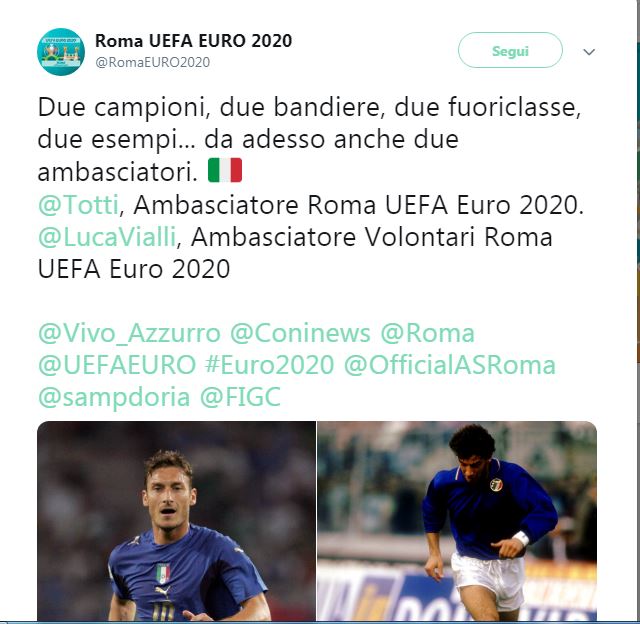 Vialli e Totti ambasciatori della sede di Roma per l'Europeo 2020