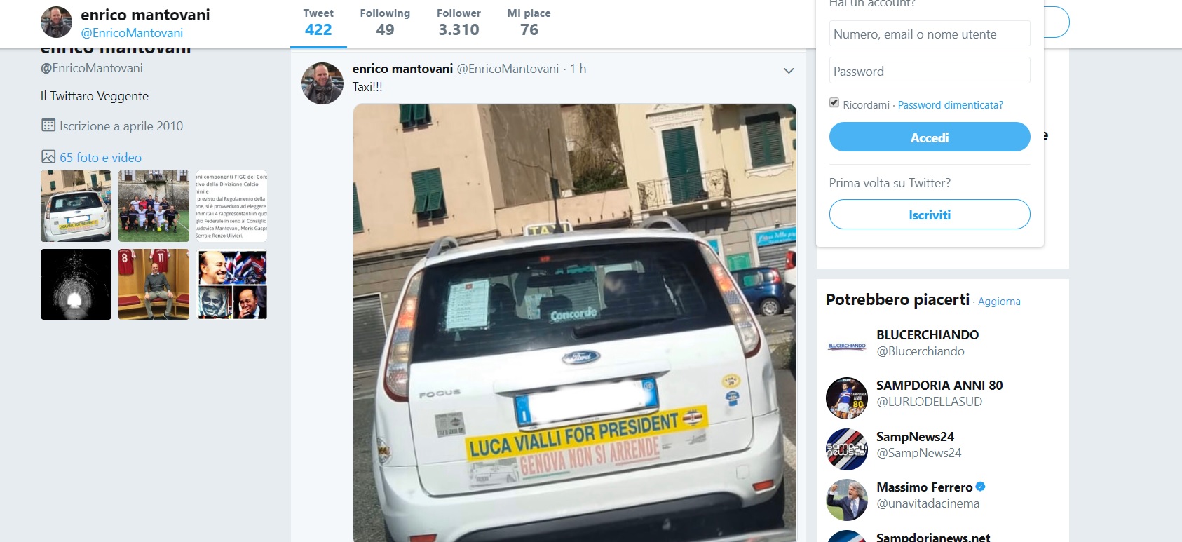 Mantovani sale in taxi e lancia un nuovo tweet a favore di Gianluca Vialli